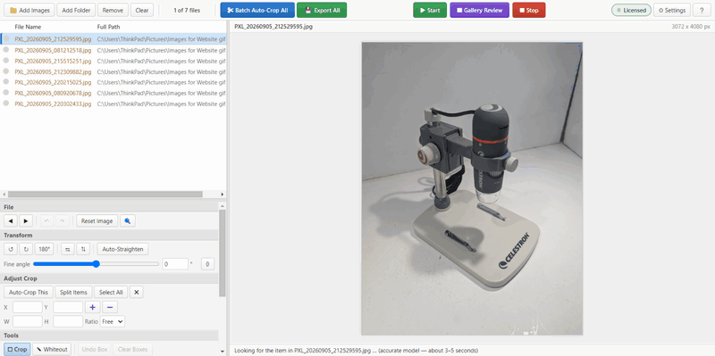 CropNimble running: one product photo after another is opened and a crop rectangle snaps in tightly around the item.